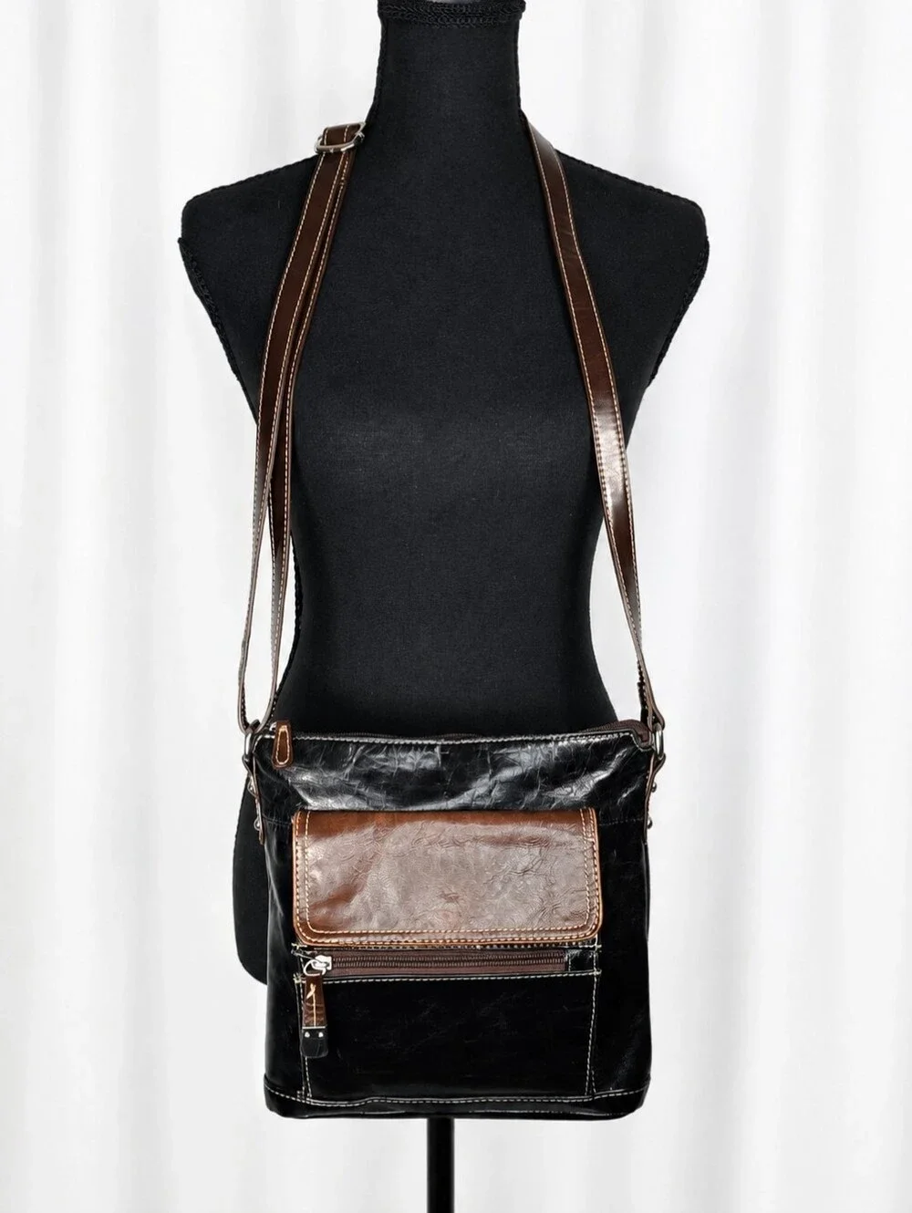 👜 Black Brown Crossbody Messenger Bag Multi Pocket Adjustable Strap Two Tone